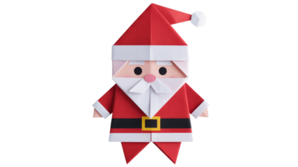 A delightful origami Santa Claus in red and white, featuring a black belt and gold buckle. A festive paper craft figure for holidays. background removed