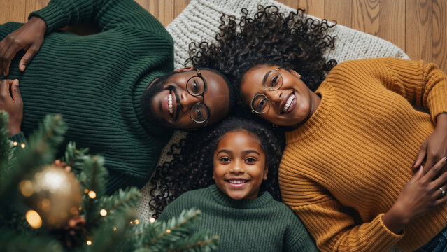 Happy african american family celebrating christmas at home. Top view portrait of smiling black parents and daughter lying on the floor under christmas tree. Holiday season togetherness concept