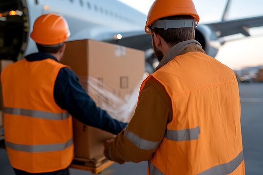 Workers offloading cargo from an airplane, wearing safety vests and helmets. They are carrying a large box together, showing teamwork and the safe handling of goods during transit.