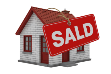 A 3D rendered white brick house with a red roof and a prominent red "SOLD" sign hanging, symbolizing a completed property sale. background removed