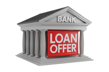 3D render of a classical bank building with columns, prominently displaying a red banner that reads "LOAN OFFER." background removed