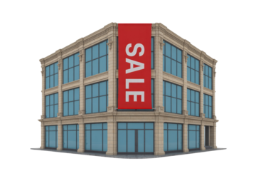 A multi-story beige corner building with large blue windows prominently displays a red "SALE" banner, indicating a retail promotion. Isolated on a transparent background. background removed