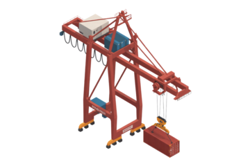 An isometric illustration of a large red gantry crane lifting a red shipping container, typical for port operations. background removed