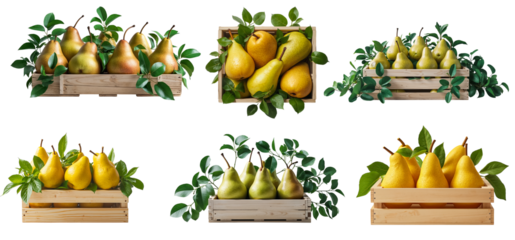 Ripe pears in a wooden box isolated on transparent background