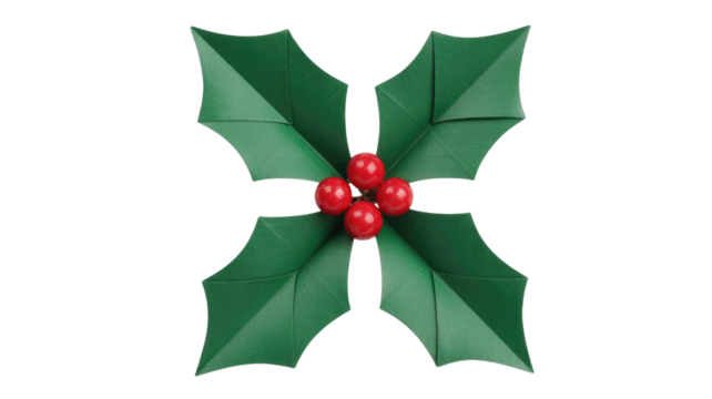 Vibrant red berries nestled amidst four origami-style green leaves, creating a classic Christmas holly decoration against a dark transparent background. background removed