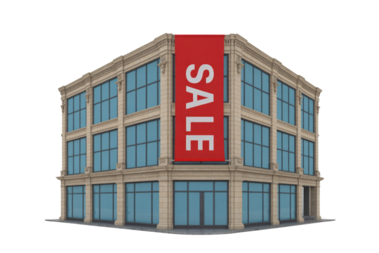A multi-story beige corner building with large blue windows prominently displays a red "SALE" banner, indicating a retail promotion. Isolated on a transparent background. background removed