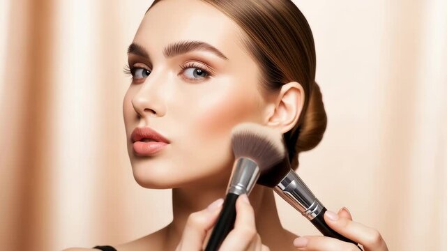 Stunning woman applying makeup with brushes, highlighting cheekbones for a radiant glow, 4k high quality