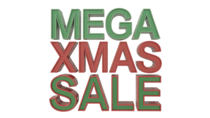 3D rendered 'MEGA XMAS SALE' text in festive green and red, announcing a big holiday promotion on a dark transparent background. background removed