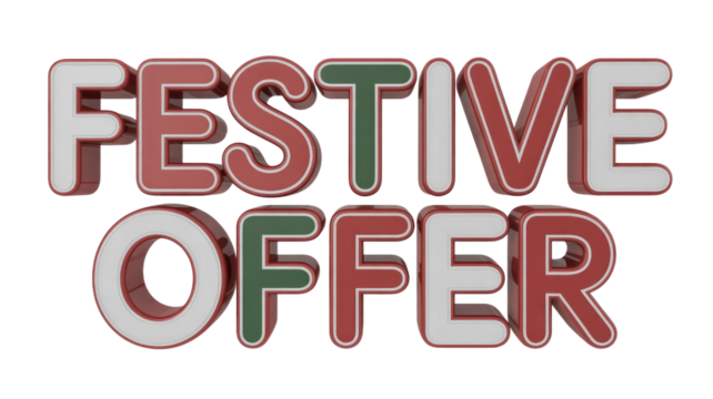 A vibrant 3D render of the phrase 'FESTIVE OFFER' in red, white, and green, ideal for holiday promotions and sales. background removed