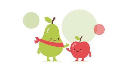 Friendly Fruits: An Adorable Pear and Apple with Cheerful Expressions and Circles Present