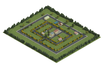 An isometric 3D render of a cozy residential neighborhood with houses, winding roads, cars, and lush green landscaping, isolated on a transparent background. background removed