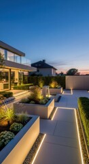 Fototapeta premium Contemporary backyard with illuminated planters and modern house at twilight. Stylish garden design for luxury home and outdoor living.