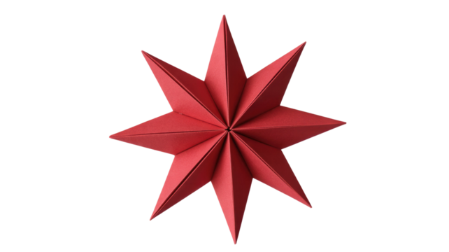 A vibrant red origami star, intricately folded, stands out on a solid transparent background. Ideal for festive decorations and holiday themes. background removed