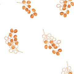 Seamless watercolor pattern with golden branches and small leaves on white background. Elegant botanical design perfect for wedding invitations, stationery, wrapping paper, and fabric prints.