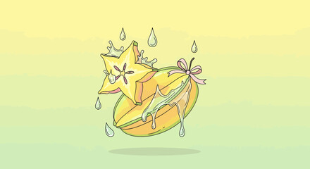 Fototapeta premium Freshly Sliced Star Fruit with Water Droplets on a Yellow and Green Gradient Background