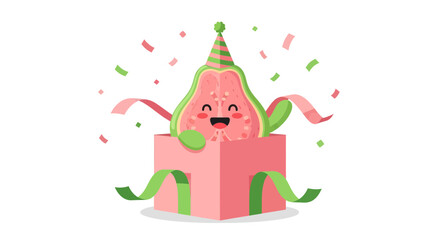 Naklejka premium Fun Fruit Party: A Cheerful Guava in a Gift Box with Festive Confetti