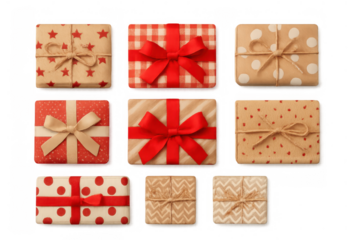 Collection of wrapped gift boxes presenting different patterns and decorations, suitable for various festive occasions