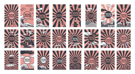 Collection of japanese new year greeting cards with sun and wave motifs