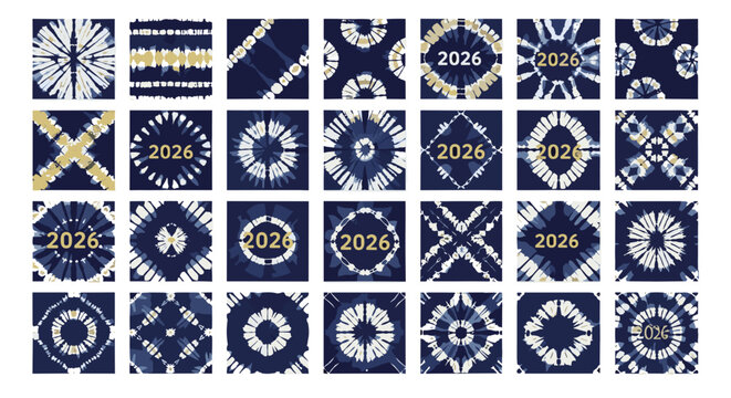Collection of tiedye patterns in indigo and white, 2026 motifs