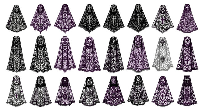 Collection of ornate veils with crosses and floral patterns