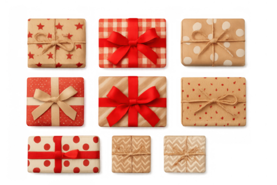 Collection of wrapped gift boxes presenting different patterns and decorations, suitable for various festive occasions - Powered by Adobe