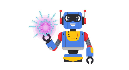 Fototapeta premium Friendly Bot Displays Illuminated Gear Indicating Intelligent System Control