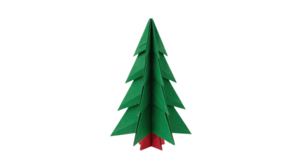 A festive green origami Christmas tree stands elegantly with a subtle red base, a perfect handcrafted decoration for holiday celebrations. background removed