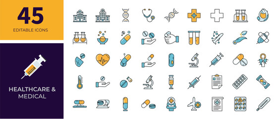 Set of 45 editable healthcare and medical icons
