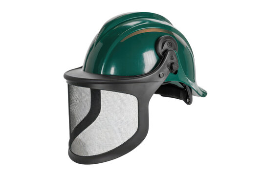 Green safety helmet with integrated mesh face shield, offering essential head and facial protection for various outdoor and industrial tasks. background removed