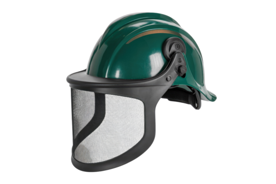 Green safety helmet with integrated mesh face shield, offering essential head and facial protection for various outdoor and industrial tasks. background removed