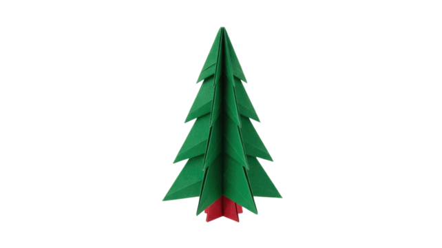 A festive green origami Christmas tree stands elegantly with a subtle red base, a perfect handcrafted decoration for holiday celebrations. background removed