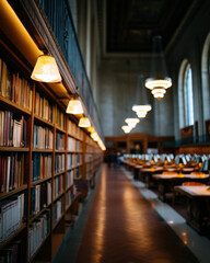 Fototapeta premium Library book shelves illuminated by warm lights, creating a cozy atmosphere for reading and study, with mockup space for advertising text