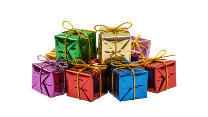 A colorful assortment of small, metallic gift boxes, each adorned with a golden bow, celebrating festive occasions. background removed