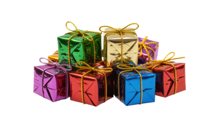 A colorful assortment of small, metallic gift boxes, each adorned with a golden bow, celebrating festive occasions. background removed