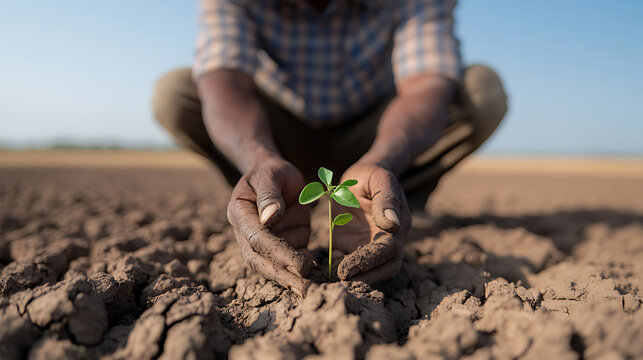 Farmer cradles a vibrant seedling in hands amidst parched land, symbolizing hope, resilience, and the promise of new life in arid conditions. A testament to perseverence.