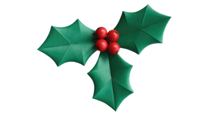 A festive cluster of three green holly leaves with four bright red berries, symbolizing holiday cheer and winter decoration. background removed