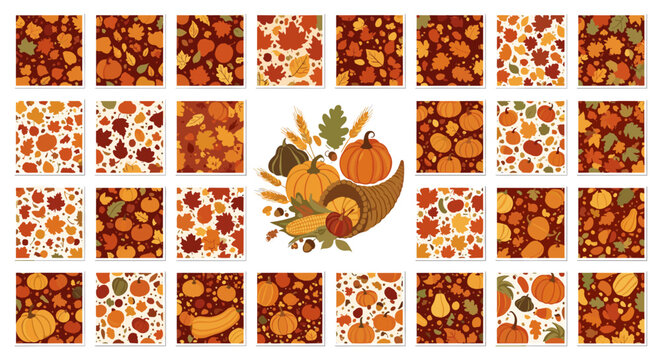 Cornucopia overflowing with autumn harvest fruits and vegetables