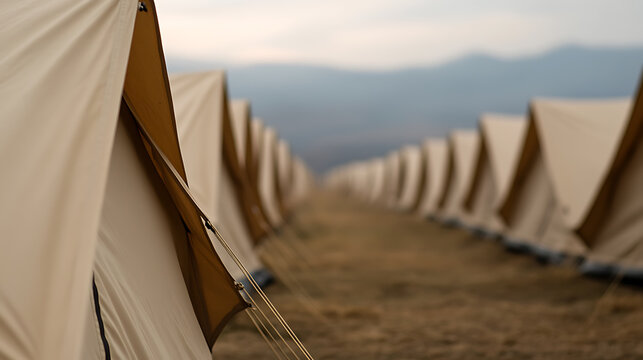 Endless rows of tents set up in a field, offering a temporary shelter against a backdrop of distant, hazy mountains. Camping and outdoor adventures are fun for everyone.