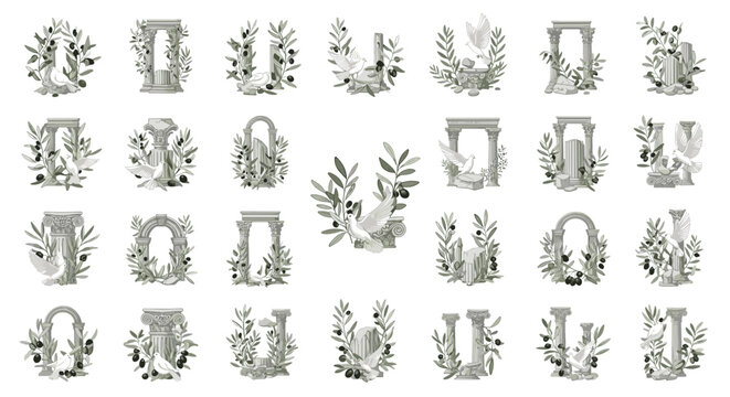 Collection of ancient architectural elements with floral accents