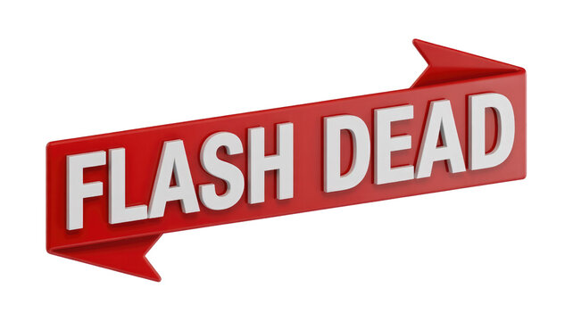 A 3D red arrow-shaped banner with prominent white text clearly states "FLASH DEAD," symbolizing the end of Flash technology. background removed