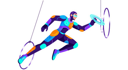 Fototapeta premium Futuristic Athlete Leaping Through Illuminated Rings Demonstrating Speed and Precision