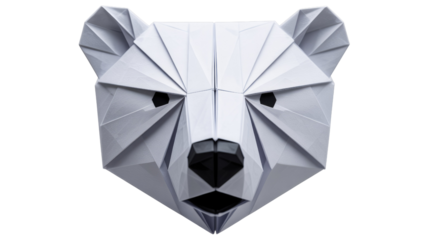 Stunning origami polar bear head, meticulously folded from white paper, with striking black eyes and nose against a clean background. background removed