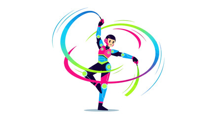 Futuristic Dancer Energetically Twirling Ribbons in a Colorful and Dynamic Artistic Composition