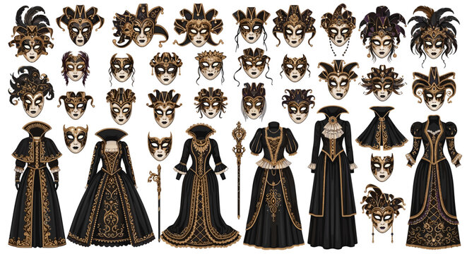 Collection of venetian masks and historical costumes on