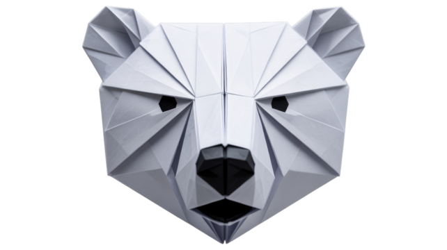 Stunning origami polar bear head, meticulously folded from white paper, with striking black eyes and nose against a clean background. background removed