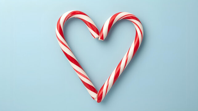 Christmas Candy Cane Heart on light blue background simple, ai