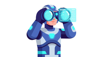 Futuristic Explorer In Technological Armor Observes With Advanced Digital Binoculars