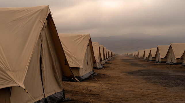 Rows of canvas tents stretch into the distance, creating an orderly yet temporary settlement. The landscape is muted with earth tones, emphasizing simplicity & resilience of outdoor shelter.