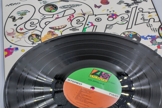 Led Zeppelin III vinyl record with psychedelic album cover closeup.