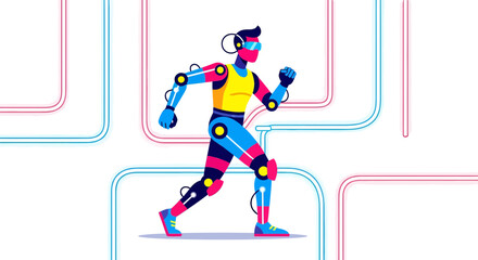 Futuristic Runner: Digital Humanoid in Motion, Connected to Network Systems
